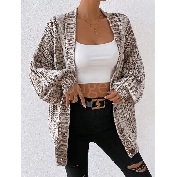 Oversized Mocha Brown Cable Knit Cardigan Long Sleeves Hip Length Buttoned - Picture 5 of 12